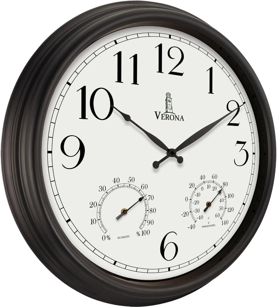 24 inch Outdoor Clocks for Patio Large Waterproof with Thermometer - Black Outdoor Wall Clock with Temperature and Humidity Combo - Weatherproof, Accurate & Easy to Read for Pool, Garden & Home Decor