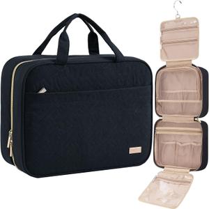 Travel Toiletry Bag for women, Portable Hanging Organizer for Full-Sized Shampoo, Conditioner, Brushes Set, Makeup Accessories, Large Size, Black