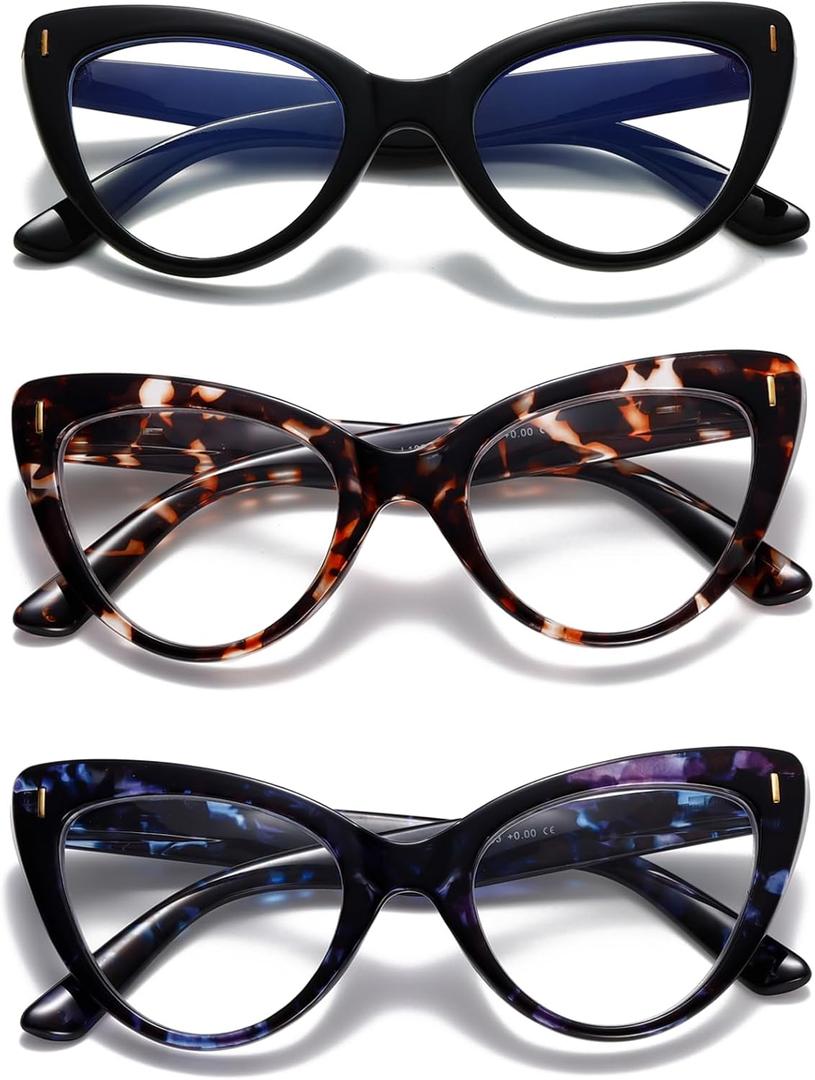 Viseng Womens Oversized Cateye Reading Glasses Blue Light Computer Glasses Stylish Reader (+2.0) (A2-3 Pack Mix Color)