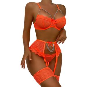Aranmei Womens Sexy Eyelash Fishnet Lingerie Set Chain Babydoll Underwire Bra and Panty Sets with Garter Belt 4 Pieces (Medium, Orange)