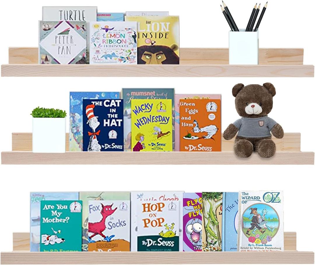 AZSKY 24 Inch Floating Shelves Set of 3, Solid Natural Wood Wall Mounted Picture Ledge, Long Narrow Photo Display Shelf & Nursery Bookshelf for Bedroom, Living Room Decor (Hardware Included)