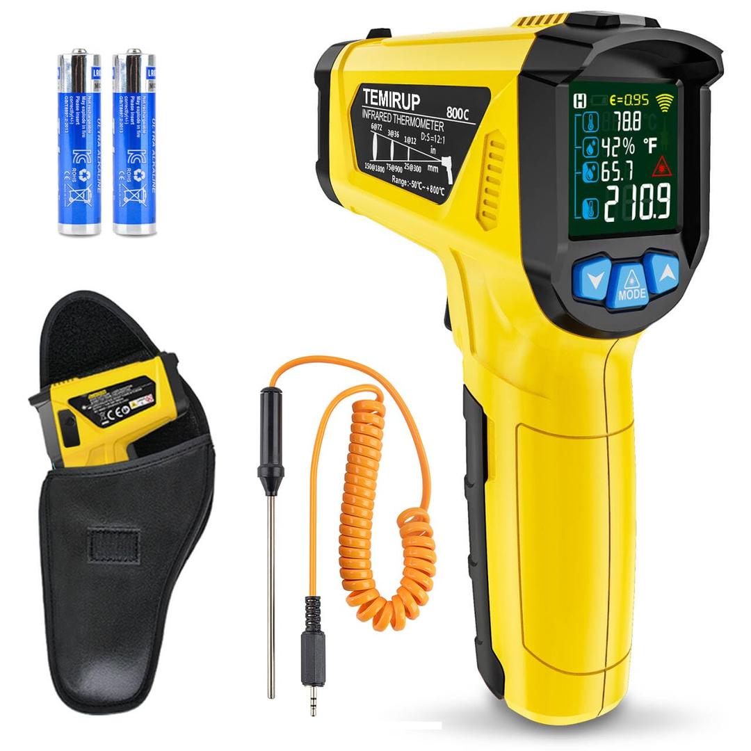 Infrared Thermometer Gun, Non Contact Digital Laser Thermometer Temperature Gun with Probe for Cooking, Home Repairs, Humidity Measurement, Adjustable Emissivity -58F to 1472F(-50~800C)