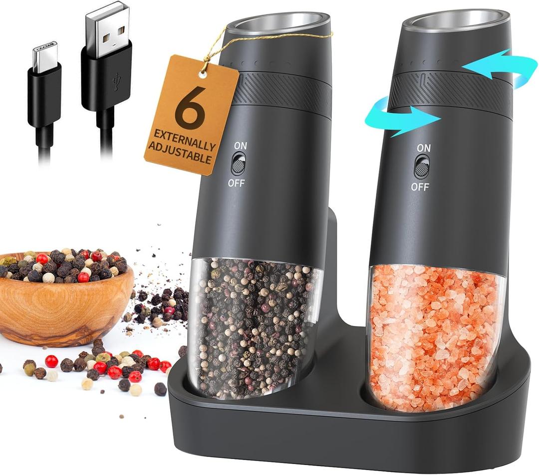 CIRCLE JOY Gravity Electric Salt and Pepper Grinder Set Automatic Shakers Upgraded Pepper Mill with Rechargeable Base, External Adjustable Coarseness, LED Light, Easy Refill for Kitchen & Outdoor, Black