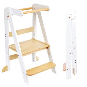 Foldable Toddler Tower Preassembled Kitchen Step Stool, Folding Tower for Learning with 3 Adjustable Heights, Montessori Toddler Standing Tower Collapsible Step Stool for Kids 1-6y WH NAT