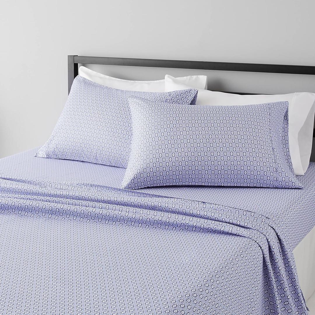 Amazon Basics Lightweight Super Soft Easy Care Microfiber 4 Piece Bed Sheet Set With 14" Deep Pockets, Queen, Blue Damask, Printed (Queen, Blue Damask)