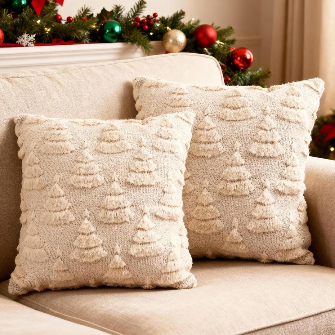 Christmas Tree Pillow Covers 18x18 Set of 2 Beige Soft Plush Faux Fur Xmas Pillowcases Throw Pillows Winter Cushion Covers for Sofa Couch Bedroom Christmas Decor (Beige-Christmas Tree)