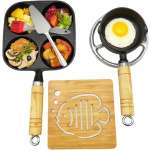 2-Piece Cast Iron Egg Skillet Set - Camping Cookware with Heat-Resistant Wooden Handles, Non-Stick 4-Compartment Pan & Small Single-Skillet for Home & Outdoor Use