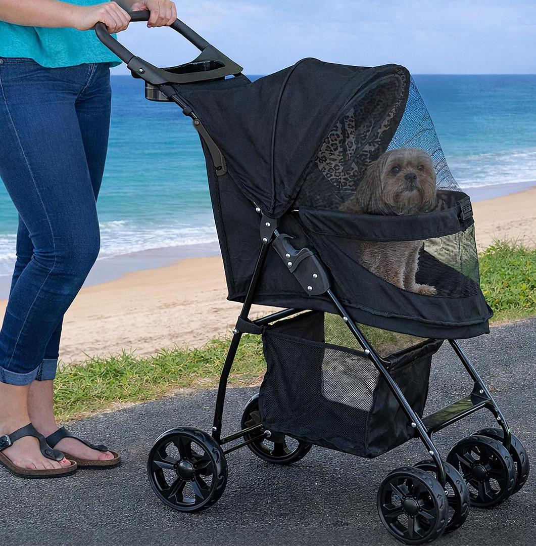 Pet Gear Happy Trails Lite Pet Stroller for Cats/Dogs, Zipper Entry, Easy Fold with Removable Liner, Safety Tether, Storage Basket, Cheetah Print
