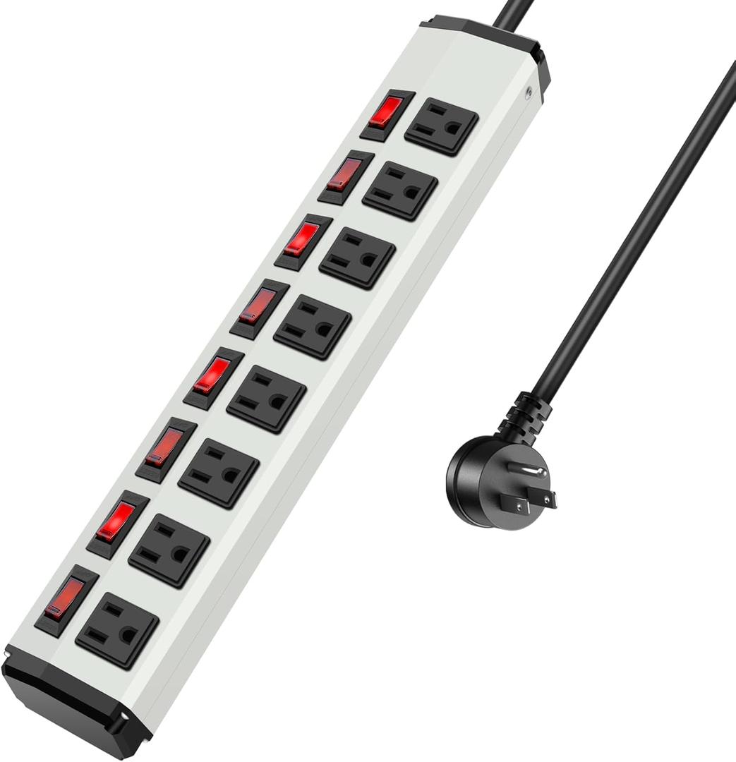 8 Outlet Metal Power Strip with Individual Switches,Heavy Duty Appliance Power Strip with Flat Plug,1200J Surge Protector,6FT Extension Cord 15A 120V 1800W for Home Office School Shop Industrial (White)