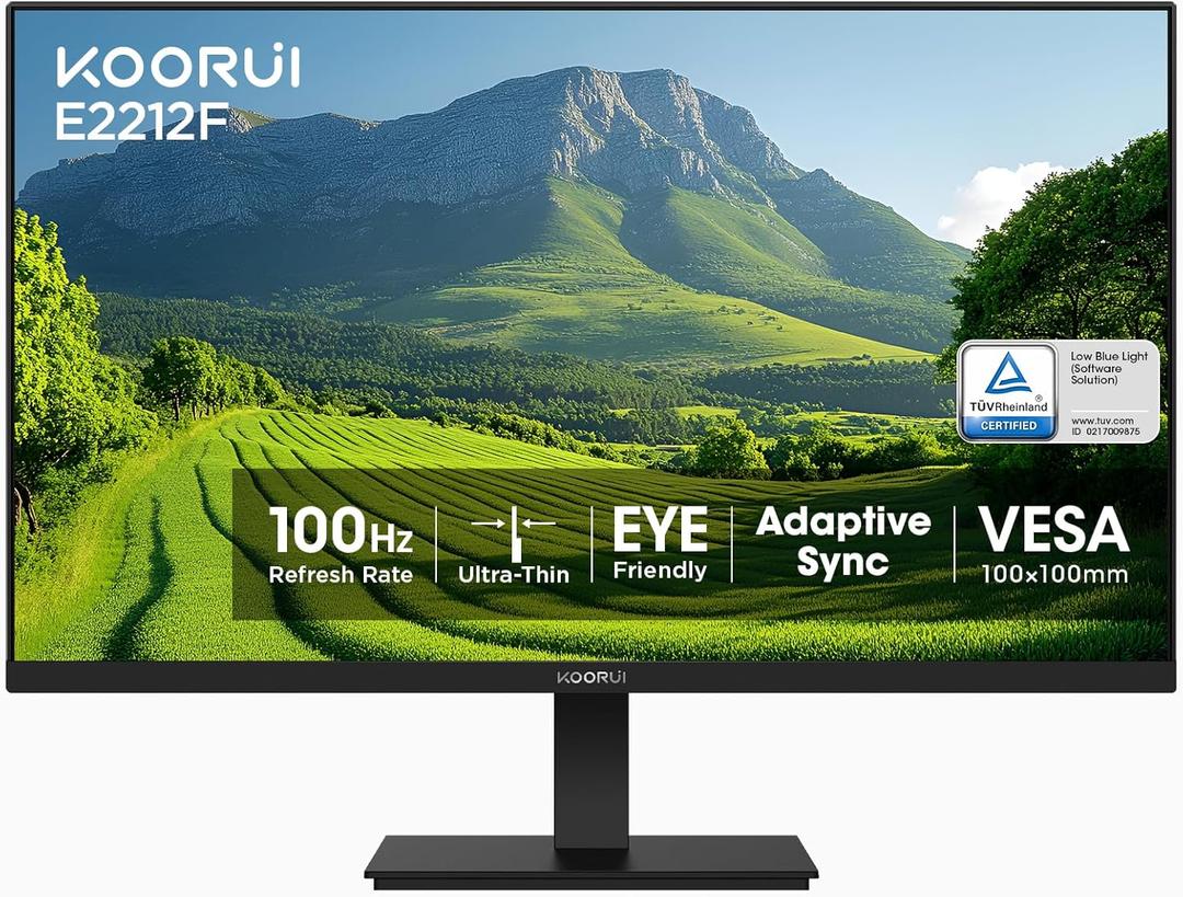 KOORUI 22 Inch Computer Monitor Full HD 1080P 100Hz PC Gaming Screen VA Panel Ultra-Slim Display 3000:1 Contrast Ratio with Adpitive Sync (HDMI/VGA/VESA Compatible 100x100mm/Audio Out), Tilt, Black