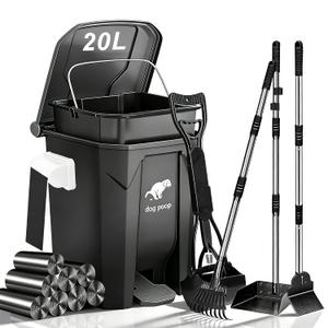Dog Poop Trash Can Outside - 20L/5Gal Pooper Scooper Sets and Spade, Black | Outdoor Trash Can with Lid, Inner Bucket, Dog Poop Scooper Set, Metal Tray, Rake and Spade, 100 Trash Bags & Storage Box