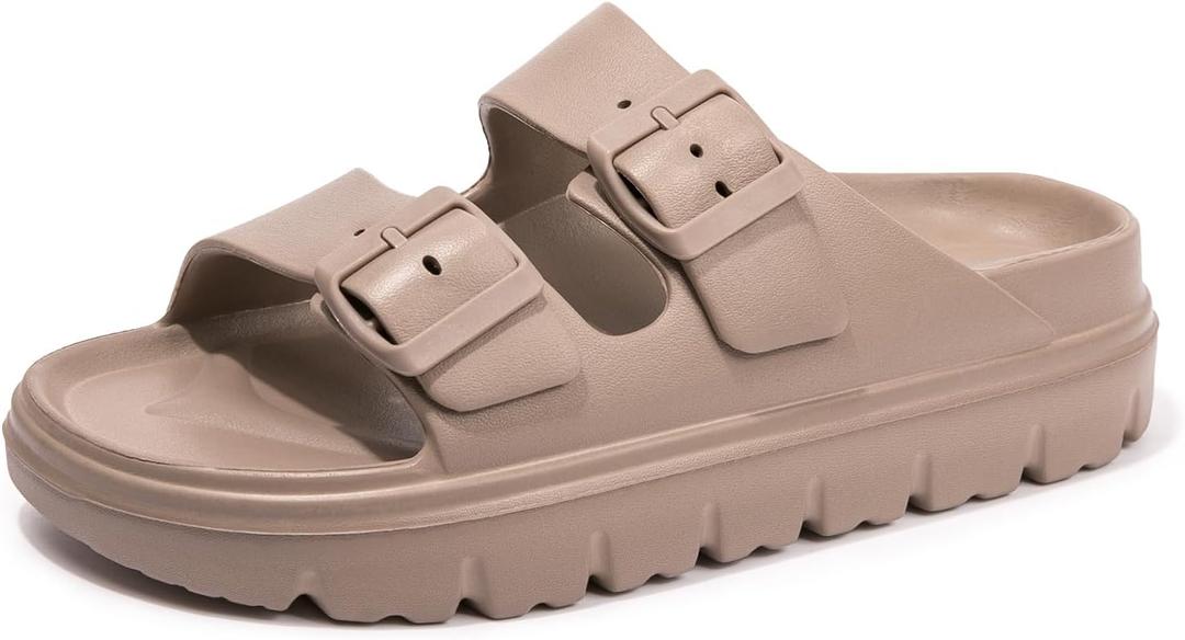 FUNKYMONKEY Women's Comfort Slides Double Buckle Adjustable Plastics Flat Sandals (10, Lt Coffee/Hdspk)