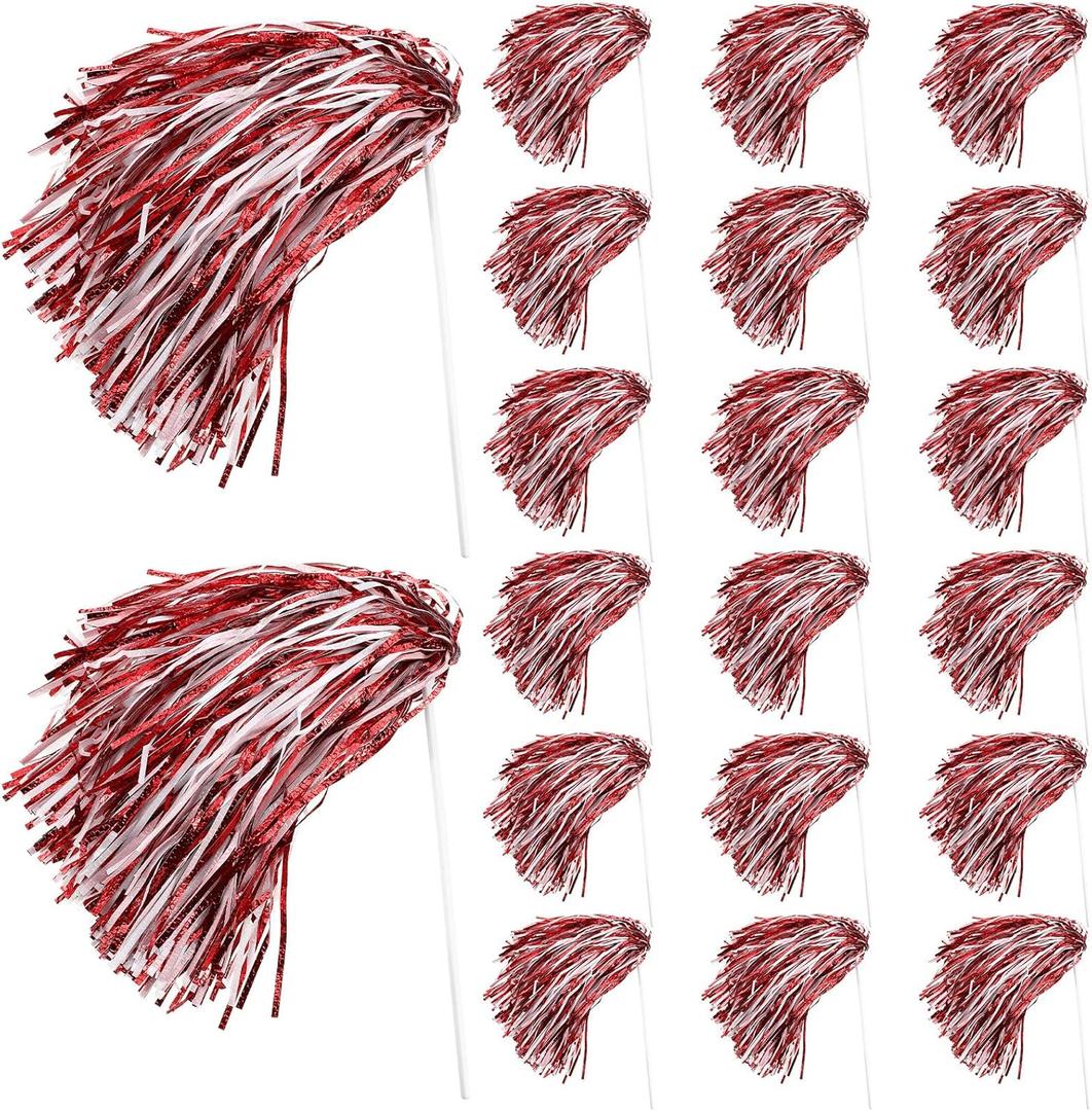 20 Pcs School Spirit Shakers Bulk, Cheerleader Pom Poms for Adults Sports Team Party Dance Football Basketball Volleyball Homecoming Fan Celebration Sporting Event (Red and White)