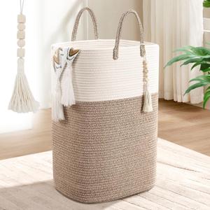 65L Woven Laundry Basket for Clothes, Large Rectangle Laundry Hampers with Beads Tassel, Nursery Storage Basket for Toys, Tall Dirty Clothes Hamper for Bedroom Aesthetic, Laundry Room Organization (Brown)