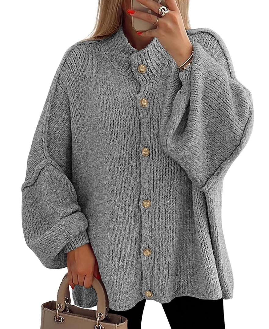 PRETTYGARDEN Women's Winter Button Down Cardigan Sweaters Mock Neck Lantern Long Sleeve Chunky Knit Jacket Trendy Outerwear, M