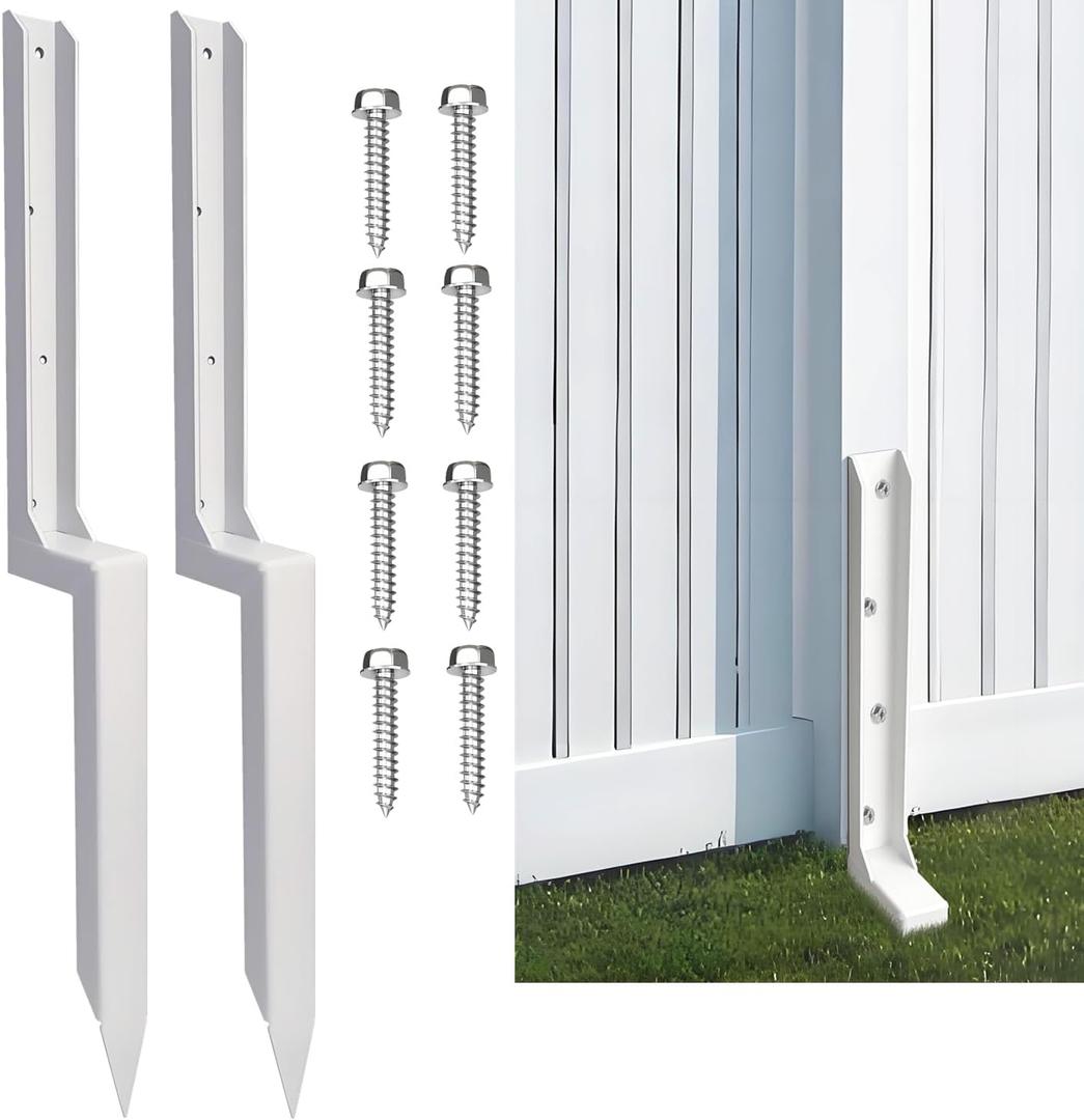 Fence Post Repair Stakes Kit, White, 2-Pack | 1/8" Thickened Carbon Steel, One-Piece Structure, Heavy Duty Ground Anchor, For Broken/Leaning Privacy Fence & Mailbox Post