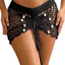 Women's Beach Crochet Hollow Out Shell Cover-Up Skirt Bikini Swimwear Wrap (Black, M)