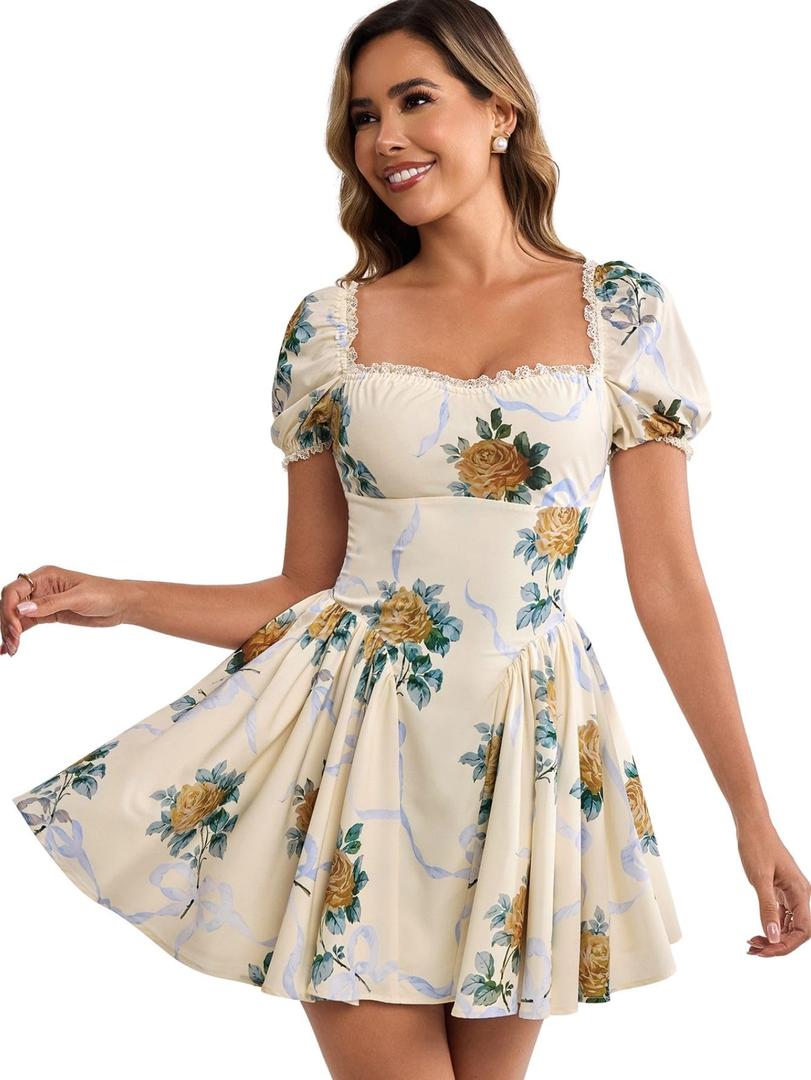 Parthea Women's Floral Square Neck Mini Dress Lace Puff Sleeve Off Shoulder Smocked Flowy A Line Summer Dresses for 2025, Large