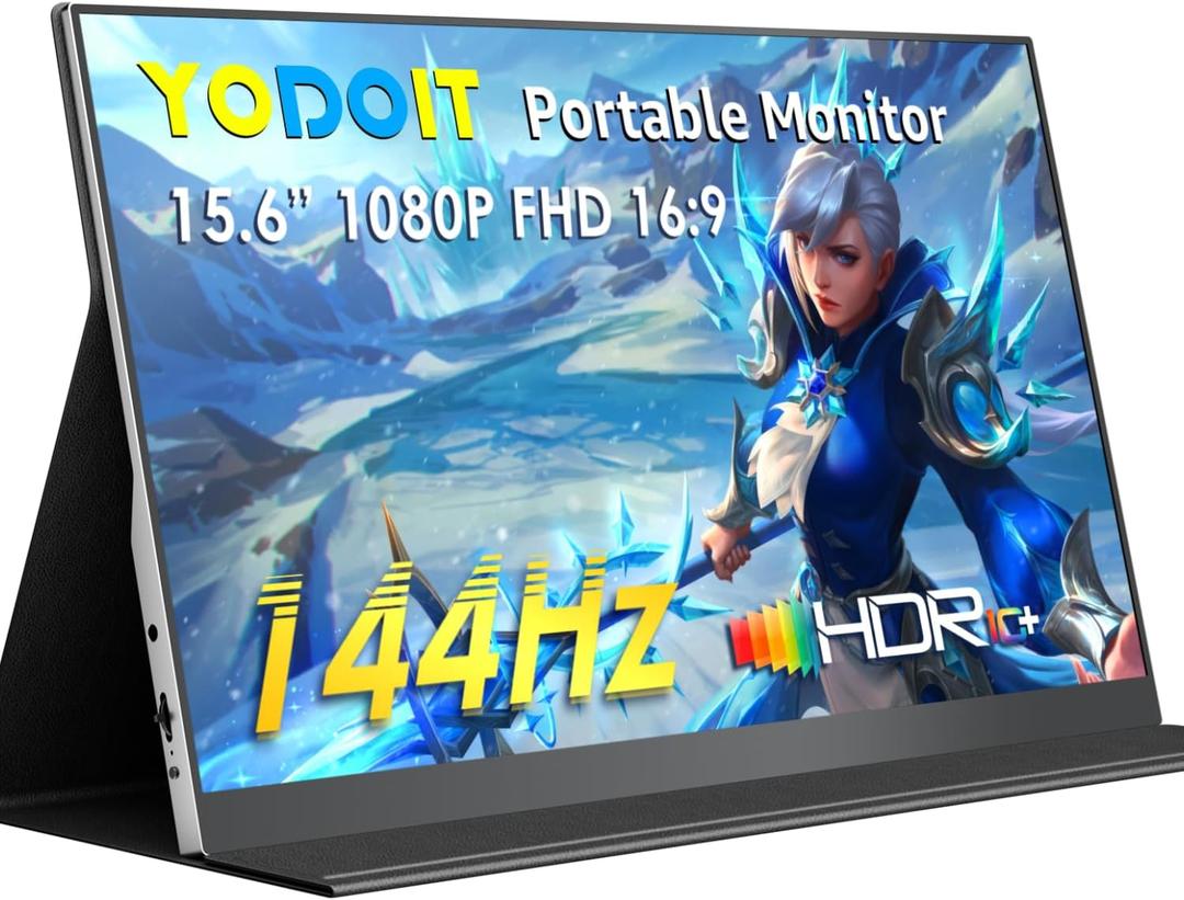 Yodoit Portable Monitor 144Hz 15.6Inch - 1080P Gaming Screen for Laptop IPS Display with USB Type C Port and Speakers with Smart Cover Metal Compatible with PC, MacBook, Xbox (Black)