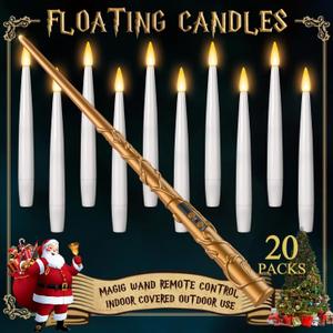Floating Candles with Wand 20PCs -Christmas Magic Hanging Flameless Candles Taper Candles with Remote for Halloween Window Home Bedroom Birthday Party Decorations