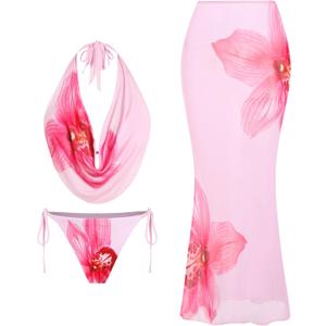 ZAFUL Women's 3 Piece Floral Swimsuit Draped Neck Halter Bikini Tie Side Bathing Suit with Sheer Cover Up Skirt (Medium, 0-pink)