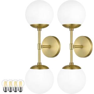 KoKo & Yukina 2 Pack Gold Vanity Light Fixtures Mid Century Modern Bathroom Vanity Light with Milky White Glass Globe Sconce Lights Fixture Vanity Lights for Bathroom (Bulb Include)