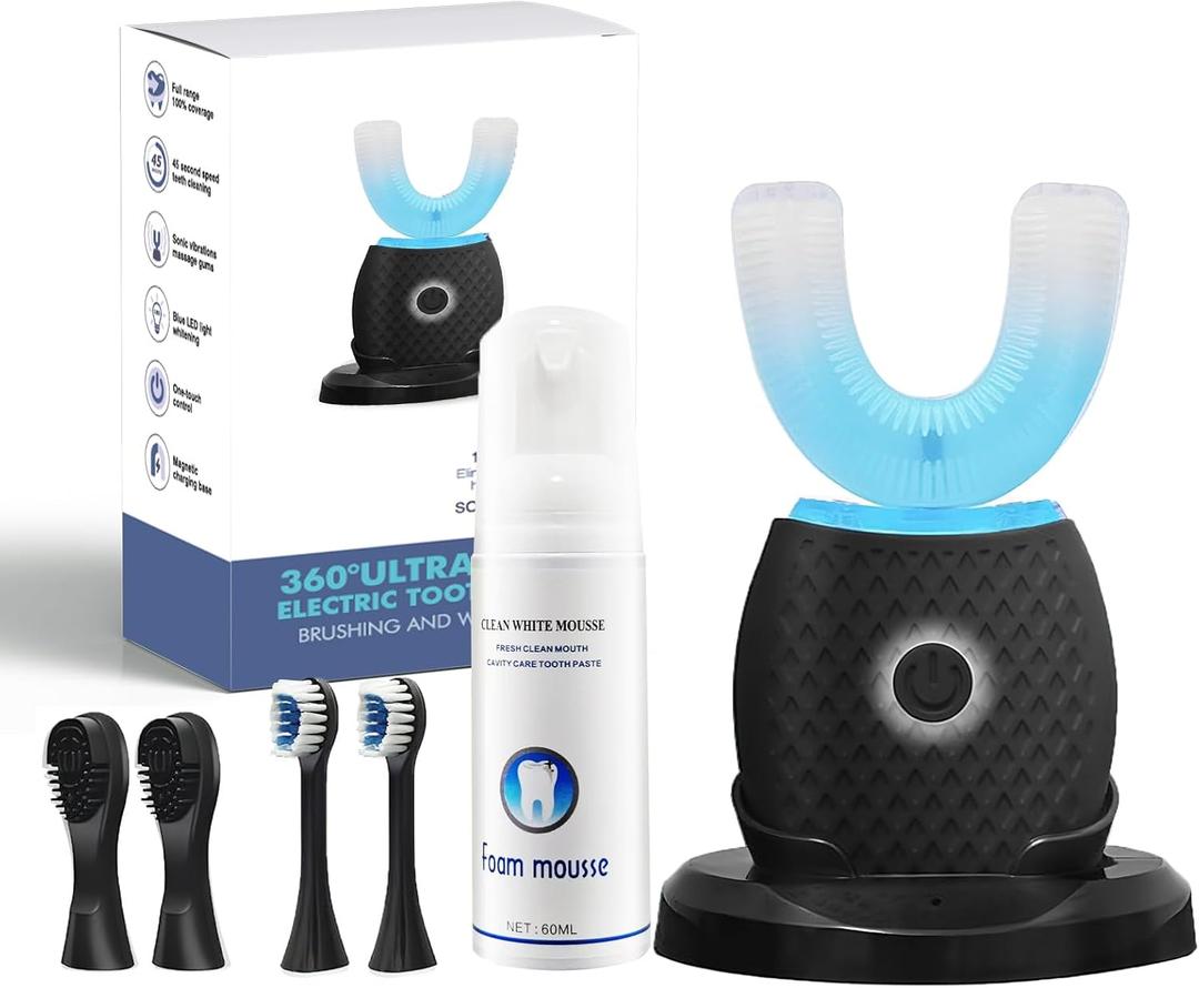 U-Shaped Toothbrush for Adults, All-in-One Foam Mousse & Ultrasonic Clean, Hands-Free with 4 Brush Heads, Blue LED Light, Advanced Charging Base (Black)