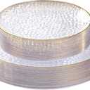 SUT 36Pcs Clear Plastic Plates, Hammered Plates Disposable Heavy Duty, Clear Disposable Plates With Gold Rim, Fancy Plastic plates Include 18 Dinner and 18 Dessert plates for Wedding