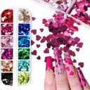 KTAABTR 12 Grids Valentines Nail Art Glitter Holographic Glitter 3D Heart Nail Sequins Valentines Nail Glitter Sequins for Women DIY Manicure Valentines Heart Glitter Nail Decoration