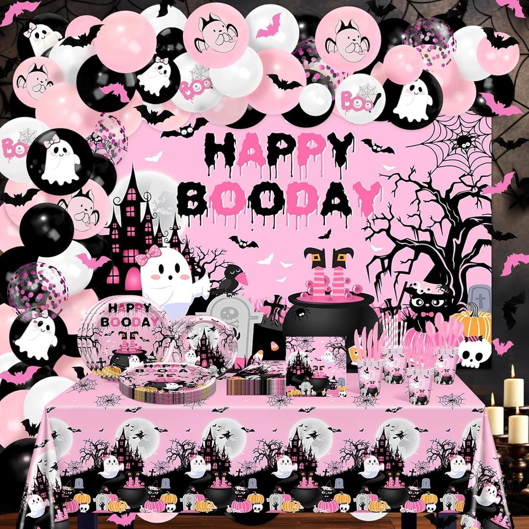 Booday Birthday Decorations 294 Pcs Pink Halloween Birthday Party Decorations Boo Balloons Happy Booday Backdrop Tableware for 24 People Bats Wall Decor