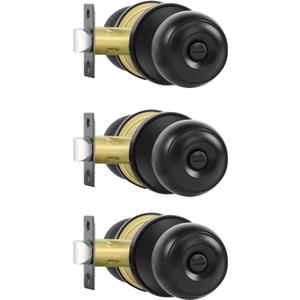 Privacy Door Knobs, 3 Pack Matte Black Door Knobs with Lock, Bed and Bath Door Knob Interior Keyless Locksets, Round Door Handles Reversible for Left Right Handed Doors