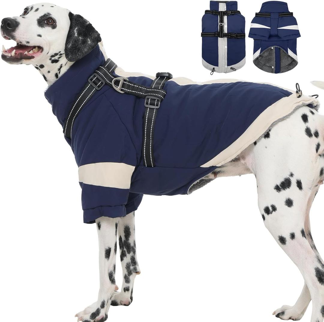 XL Winter Coat for Medium Dogs,Reflective Harness Built in | Turtleneck Dog Snowsuit with Sleeves for Snow Day Keep Warm,Outdoor Activities Water-Repellent & Windproof Jacket (Navy-Blue) (X-LargeChest 29.5")
