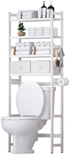 Cozivolife Over The Toilet Storage with 2 Baskets, 4-Tier Bamboo Organizer Rack with Paper Holder & 4 Hooks & Waterproof Feet Pad,Freestanding Shelf for Bathroom(White)