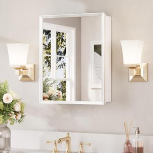 Keonjinn Small Medicine Cabinet Mirror 14 x 18, Assembly Needed, White Bathroom Medicine Cabinet with Mirror, Beveled Framed, Stepless Adjustable Shelve, Wall-Mounted or Recessed, 15x19 In