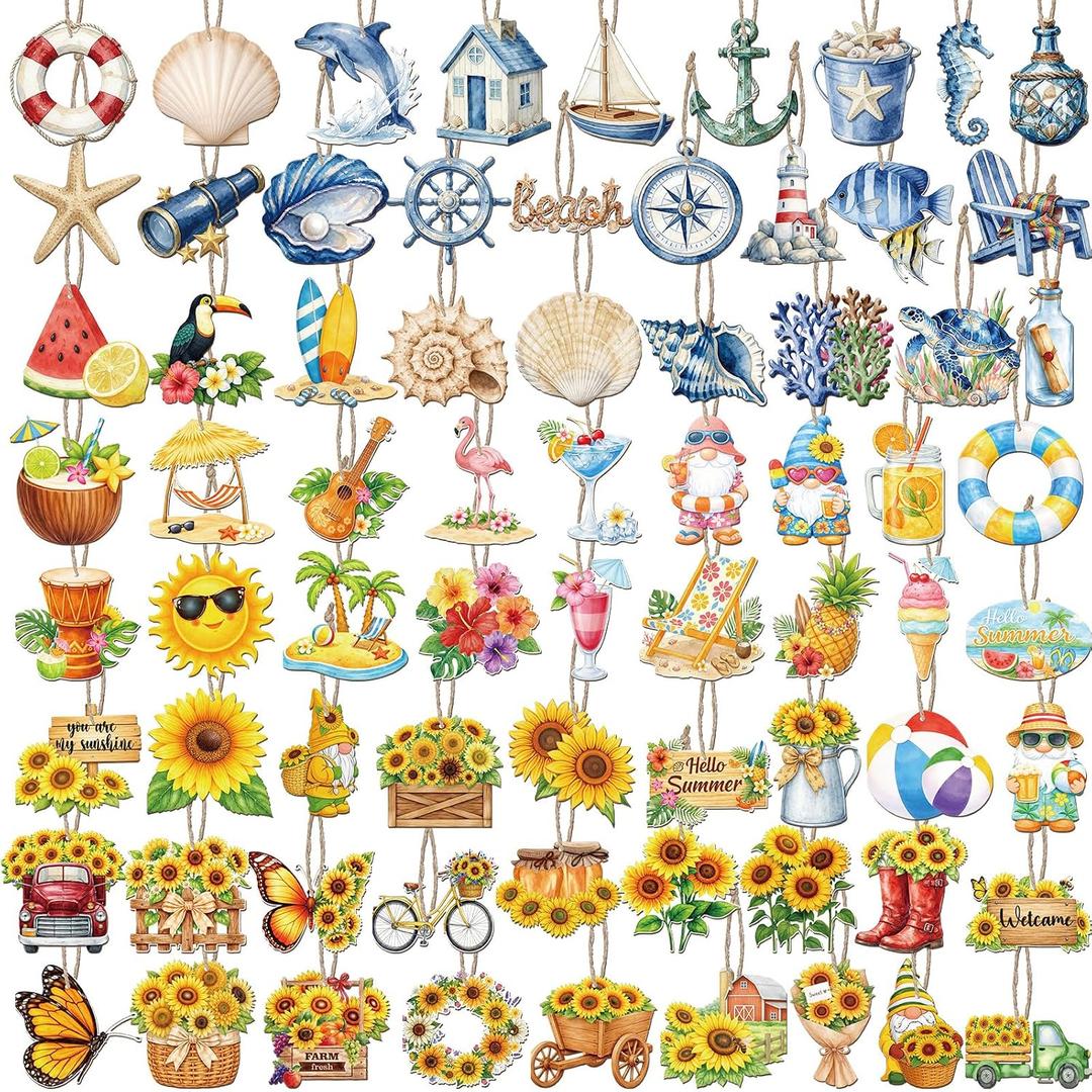 72 Pieces Hawaiian Beach Wooden Hanging Ornaments Ocean Summer Theme Ornaments with Rope for Home Party Wall Door Window DIY Decorations