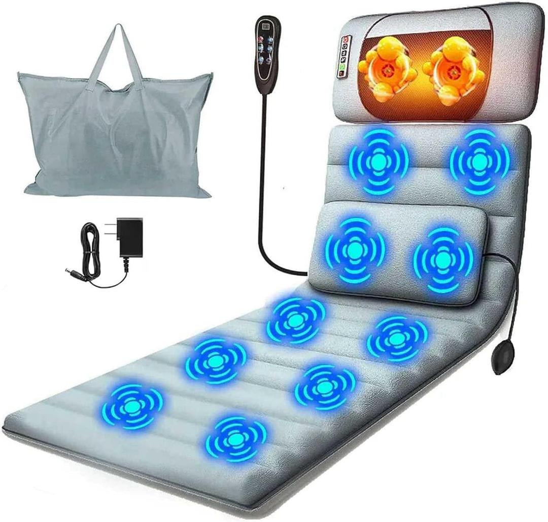 Full Body Massage Mat with Heat & Movable Shiatsu Neck Back Massager Pillow,Massage Pad with Back Lumbar Support,9 Massage Modes,10 Vibration Motors & 3 Heating Levels,for Neck Leg Pain Relief