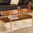 Shrine Rectangle Coffee Table, Mid-Century Modern Design, Two-Tier Walnut MDF Table, 41" D x 21" W x 17" H, Sleek Conical Metal Legs with Gold Finish