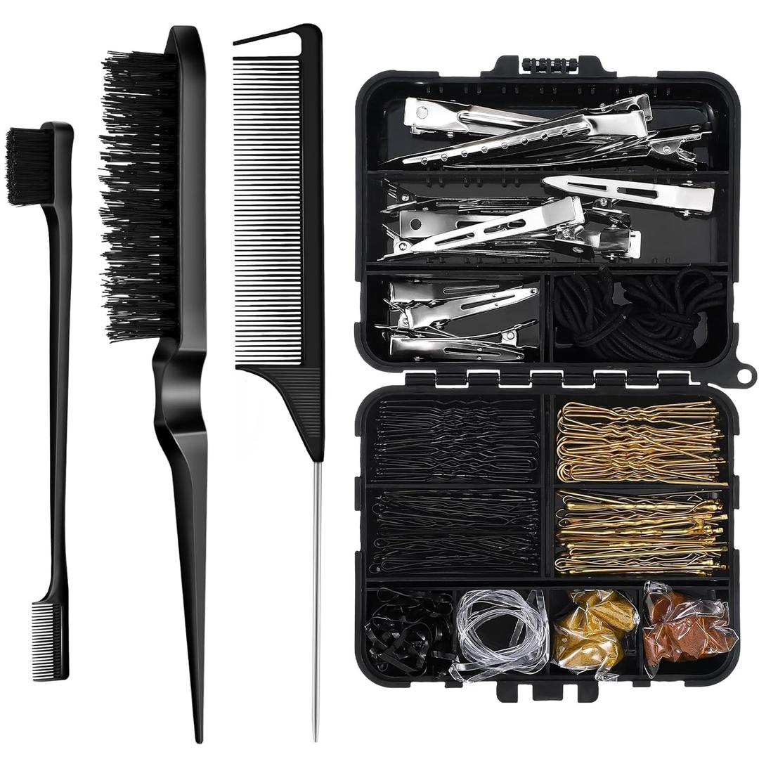 160 Pcs Hair Bobby Pins Kit Dance Stuff Cosmetology Kit with Slick Back Hair Brush Set and Storage Boxwith Edge Bristle Brush Rat Tail Comb Dance Cheerleading (Black)