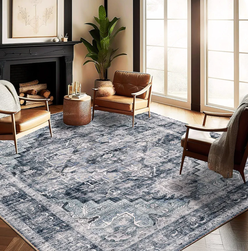 Washable Area Rug 9'x12' Dark Blue Retro Flowers Boho Design Non-Shedding Easy Care Ideal for High Traffic Areas in Living Room Bedroom Office Coffee Table Kitchen Large Carpet Washable Area Rug 9'x12' Dark Blue Retro Flowers Boho Design Non-Shedding Easy Care Ideal for High Traffic Areas in Living Room Bedroom Office Coffee Table Kitchen Large Carpet