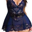 OYOANGLE Women's Plus Size Floral Lace Nightgowns Mesh Patchwork Camisole Bra Panty Lingerie Dress (4X-Large Plus, Blue)