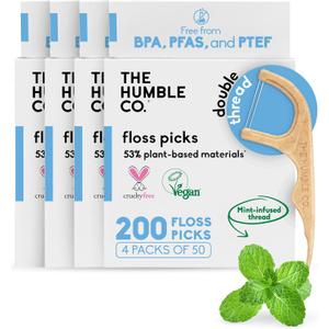 The Humble Co Dental Floss Picks for Teeth, 200 Count (Mint) - Double Thread Tooth Picks Flossers for Adults Gum Health - Toothpick Floss for Interdental Oral Care & Hygiene