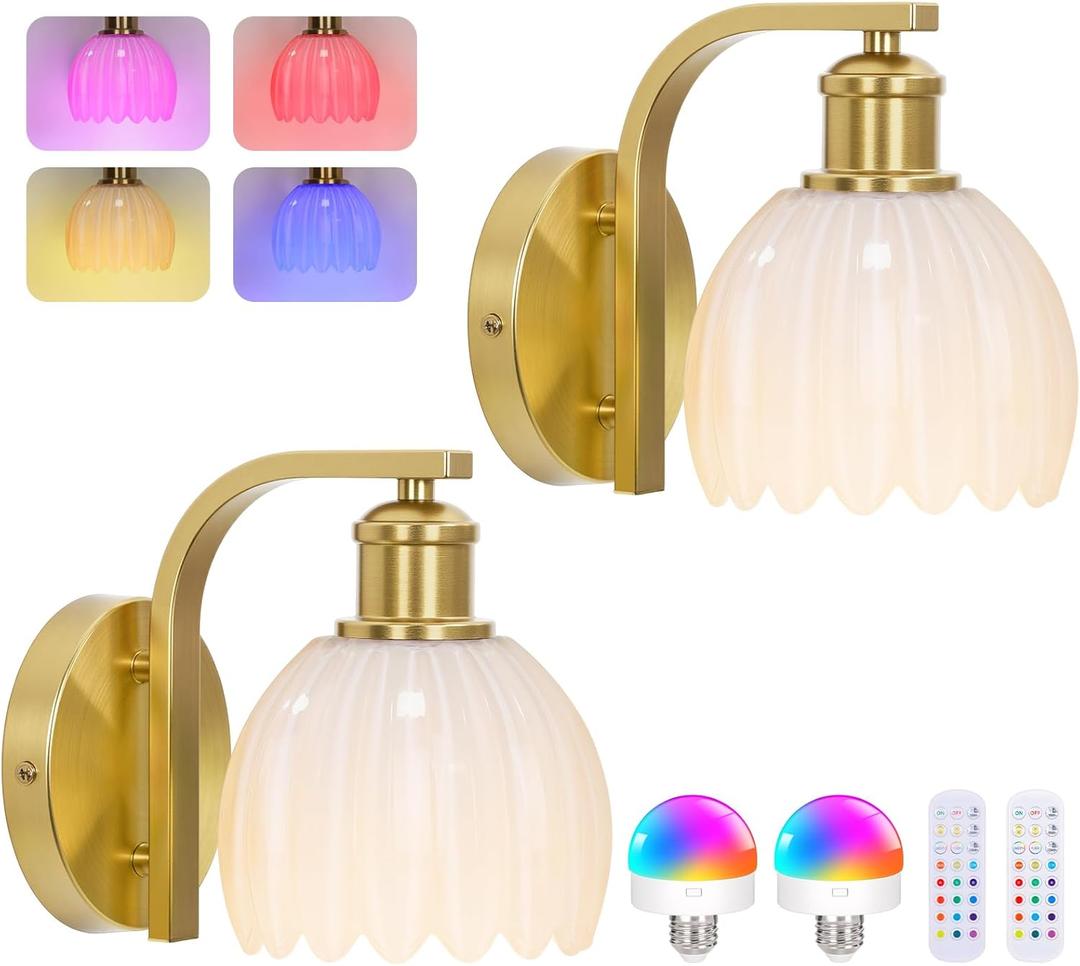 Rechargeable Battery Operated Wall Sconce Set of Two with Milky White Glass Lampshade, Wireless Wall Scone Decor with Remote Control, 15 Colors Gold Wall Light for Bedside Hallway Bedroom Doorway (2-Pack)