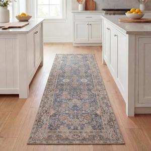 Kuden 2'6"x7' Runner Rug, Machine Washable Area Rug with Non-Slip Backing, Vintage Style, Soft, Easy Clean, Low Pile Rug for Hallway, Entryway, Kitchen, Bedroom