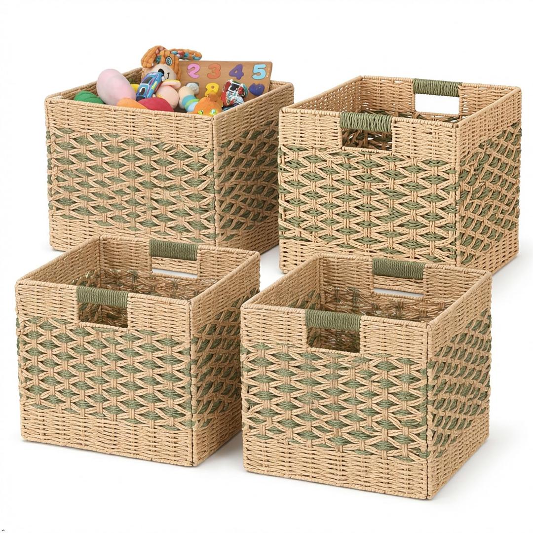12x12 Cube Storage Bins, Paper Rope Baskets for Shelves, 4 Pack