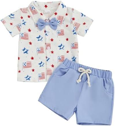 Nsdoiouw Toddler Baby Boy 2Pcs 4th of July Outfit Set American Flag Short Sleeve Down Collar Shirt Shorts Set Summer Clothes, 2 Pcs 18-24M