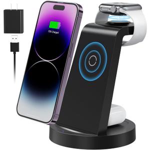 3 in 1 Charging Station for Apple Device, Wireless Charger for iPhone 16e 16 15 14 13 12 11 Pro Max & Apple Watch iwatch- Charging Stand Dock for AirPods (Black)