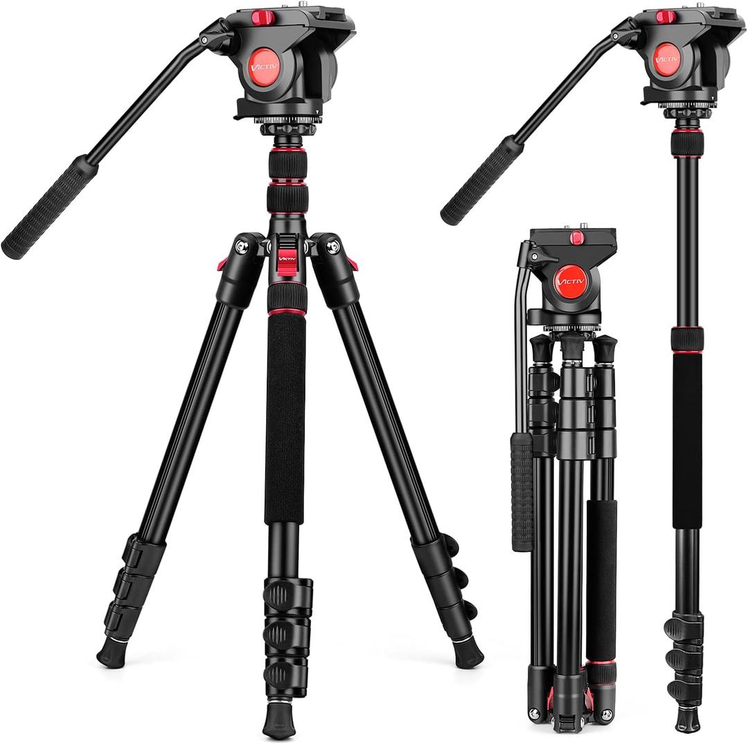 Victiv Camera Tripod, 72" Video Tripod with Fluid Head, Aluminum Heavy Duty Tripod with Carry Bag, Professional Camera Tripods & Monopods, Compatible with Canon, Sony, DSLR, Camcorder (Red)