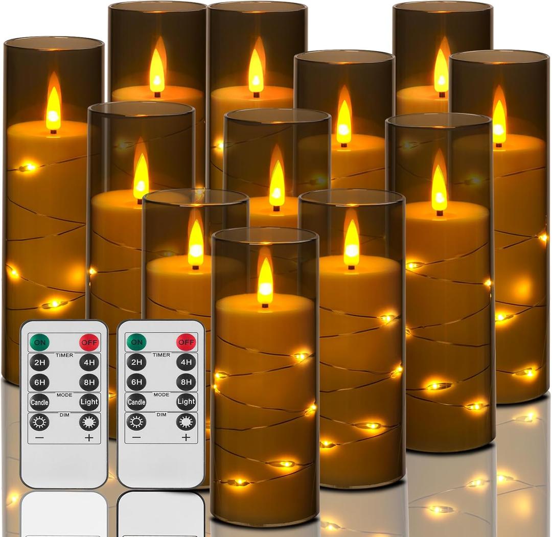 ACROSS Grey Flameless Candles with String Lights Battery Operated LED Pillar Candles 5 6 7 8 Candle with Remote Control,Fake Candle Set of 12 for Special Festivals Decorations (Gray)