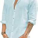 JEKAOYI Mens Casual Long Sleeve Cotton Linen Shirts Button Down Solid Plain Roll-Up Sleeve Summer Beach Shirts, M