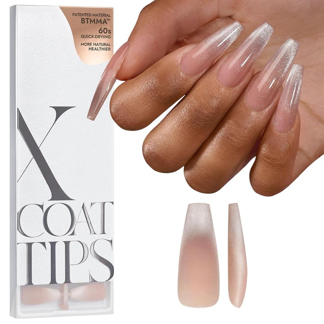 BTArtboxnails XCOATTIPS 5 Brighter Pastel French Tip Press on Nails - Long Stiletto, Cat Eye Base, 4-Week Wear, Easy-to-Apply, Soak Off, Salon Quality Value at Home, 16 Size - 160 Fake Nails, Color: G-French Cat Eye Long Coffin